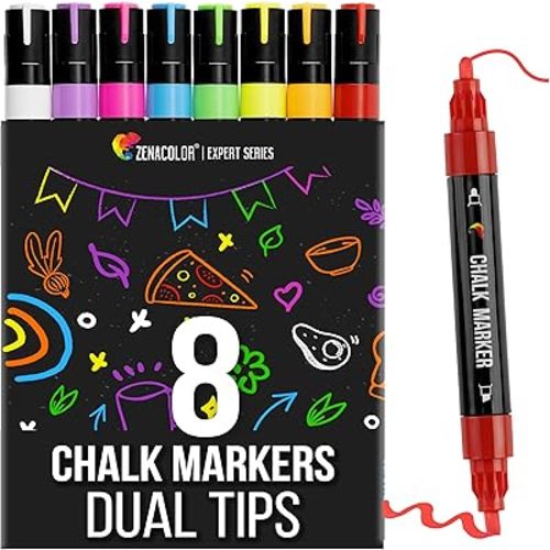Zenacolor Liquid Chalk Markers - Dual Tips, 8 Vibrant Colors, Non-Toxic, Quick-Drying, Erasable for Blackboard, Windows, Glass, Cars - 24 Labels Included