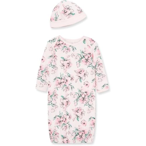 Little Me Clothes for Baby Girls' 2-Piece Nightgown and Cap Set 100% Cotton with Elastic Bottom, Baby Essentials, 0-3 Months
