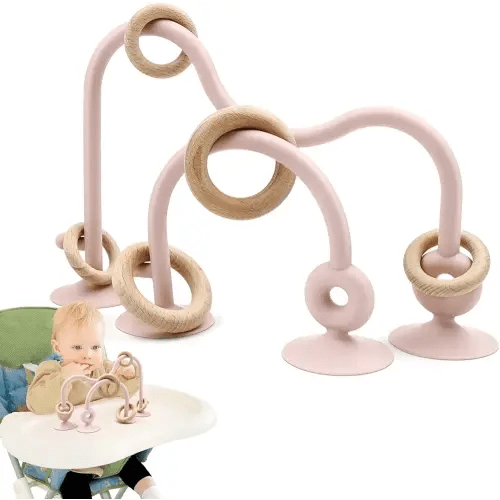 Baby Sensory Teething Chew High Chair Suction Toys for Infant Toddlers 6 12 18 24 Months Gifts, Food Grade Silicone Teether with Oak Loop Montessori Educational Baby Bath Toy (Pink)