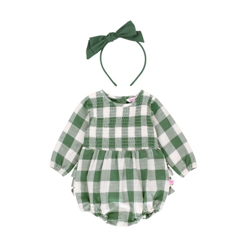 Baby Plaid Bubble Romper & Head Wrap Set, 6-12M