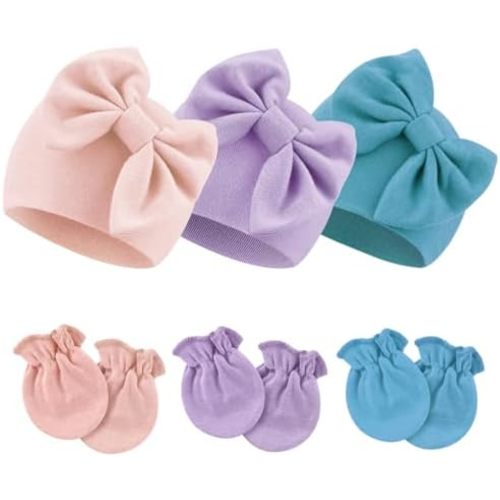 BQUBO Newborn Baby Hospital Hats Beanie Bow Infant Caps Baby Cotton No Scratch Mittens Set for 0-6 Months