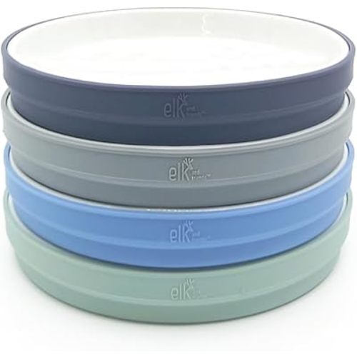 Elk and Friends Kids 7.8” Porcelain White Plates with Silicone Sleeves | Suitable for Kids/Toddlers | Microwave & Dishwasher Safe | Non Slip | Snack Dishes