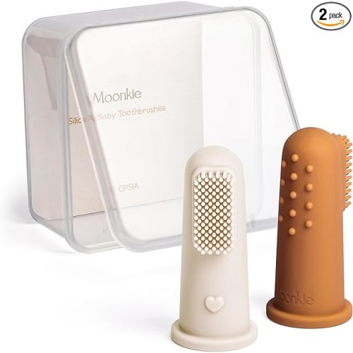 Moonkie Baby Toothbrush Finger Toothbrush Oral Cleaner Kit for 3 Months +, 2 Pcs Small (Clay/Ivory)