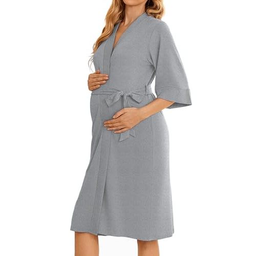 Ekouaer Womens Maternity Nursing Robe for Hospital V Neck Pregnancy Bathrobes 3/4 Sleeve Labor Delivery Nightgowns