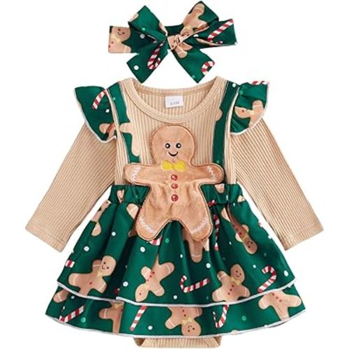 MoZiKQin Baby Girl Thanksgiving Outfit Newborn Romper Dress Ribbed Ruffle Skirt Hem Jumpsuit Cute Fall Clothes+Headband