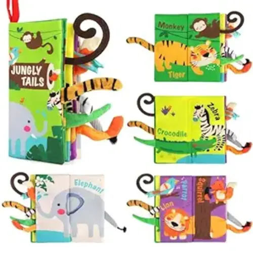 beiens Baby Books Toys, Touch and Feel Crinkle Cloth Book for Infant Baby 0-3-6-12-18 Months, Early Development Interactive Stroller Soft Toys, Shower Gifts Christmas Stocking Stuffers for Boys Girls - Jungle Tails-1 Book