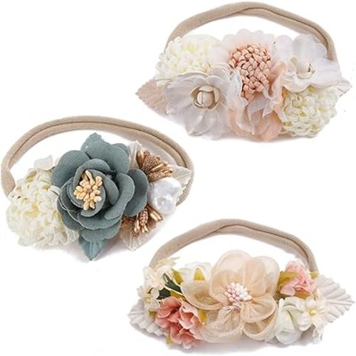 3pcs Baby Girl Headbands, Delicate Elastic Nylon Flower Head bands, Super Soft & Stretchy Baby Girl Floral Pearl Hair Band, Baby Hair Accessories Gift for Newborn Infant Toddlers Kids (Multicoloured)