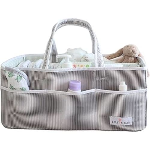 Lily Miles Baby Diaper Caddy - Organizer Tote for Infant Boy or Girl - Baby Shower Basket - Nursery Must Haves - Registry Favorites - Newborn Caddie Car Travel - Gray/Mint, Extra Large