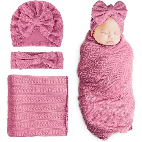 DRESHOW BQUBO Newborn Receiving Blanket Toddler Warm for Girls with Matching Bow Hat and Bow Headband Shower Gift