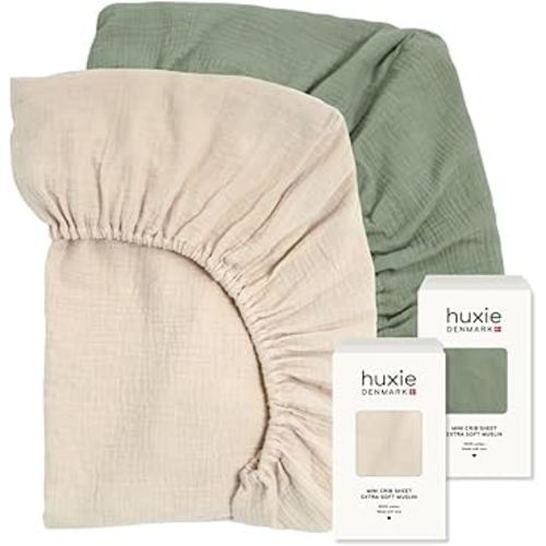 Super Soft Muslin Mini Crib Sheets - 24'' x 38'' - 100% Organic Baby Crib Sheets for Boys and Girls -2 Pack (Fog/Roman Green)