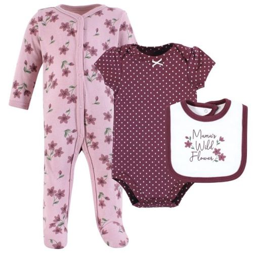 Hudson Baby Infant Girl Cotton Sleep and Play, Bodysuit and Bandana Bib Set, Plum Wildflower, Newborn