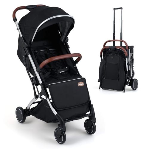 INFANS Travel Stroller, Lightweight Compact Baby Stroller for Airplane with One-Hand Fold, Multi-Position Recline, Canopy, 4 Wheel Suspension, Storage Basket (Pink+Silver)