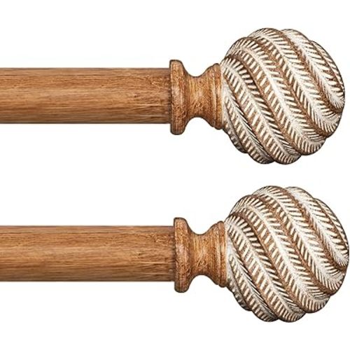 Wood Curtain Rods for Windows 36-88" 2 Pack:Boho Farmhouse Wooden Curtain Rod for Living Room Bedroom,Rustic Adjustable Heavy Duty Drapery Rods Set Brown Decorative Bamboo Imitation Wood Grain