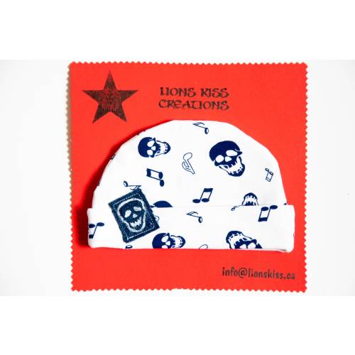 Infant beanie with skulls and denim patch