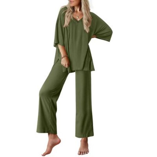 Ekouaer Lounge Sets for Women Pajamas Set Short Sleeve Tops and Long Pants Soft 2 Piece Outfits with Pockets Army Green M