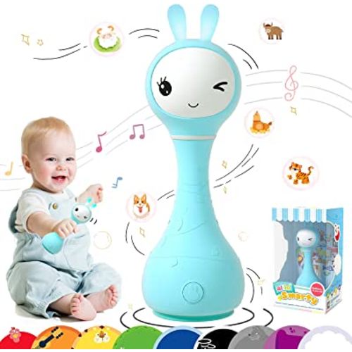 Alilo Bunny Smart Baby Rattle Toys Teether Light-Up Rattles w/ Music Stories Lullabies All-in-one - Encourage Developmental Milestones 0-24 Months for Babies Infants Newborns (Smarty Bunny, Blue)