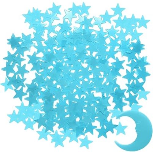 Glow in The Dark Stars for Ceiling, 200Pcs Blue 3D Glowing Star and Moon for Toddler Bedroom, Room Decor, Wall Stickers, Stocking Stuffers for Kids, Gift for Boy Girl Kids(Includes Adhesive Stickers)