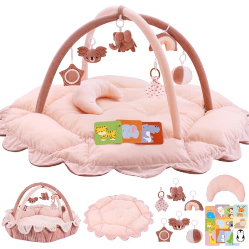 5-in-1 Plush Baby Play Gym, Activity Mat with Convertible Gym and Pillow, 6 Sensory Toys, Play Center from Newborn to Toddler, Pink