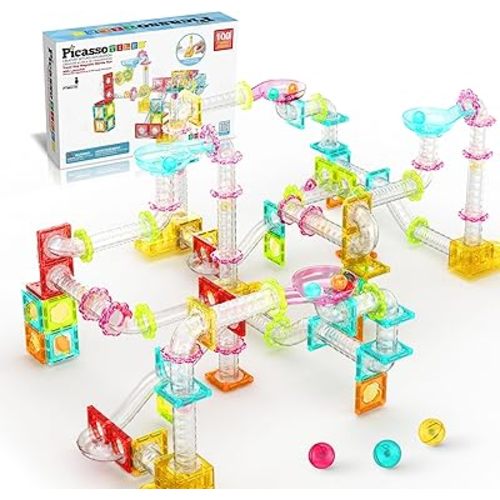 PicassoTiles 100pc Magnetic Marble Run Travel Size Tile Blocks Construction Kids Toy Set On The Go Mini Magnet Tiles Marbles Playset for Race Track Building Block STEM Learning Kit Boy Girl 3+ PTMG100