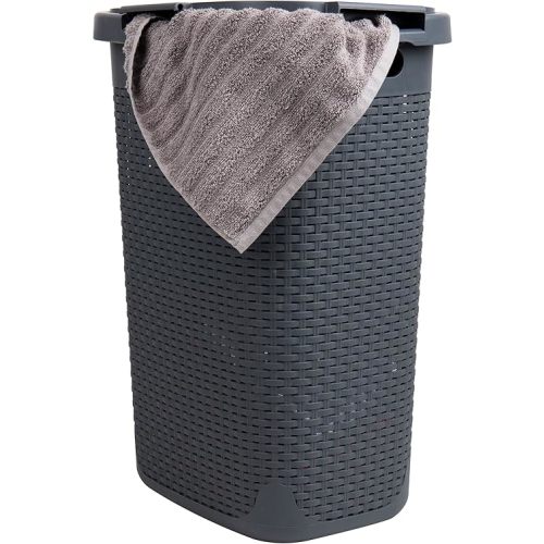 Mind Reader 60L Slim Laundry Hamper, Clothes Basket, Lid, Wicker Design, Plastic, 17.65"L x 13.75"W x 24.15"H, Gray