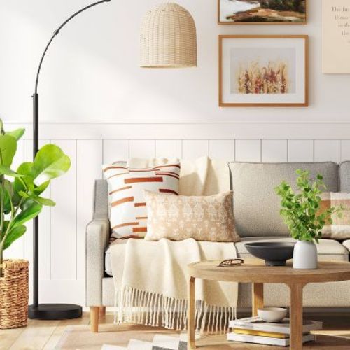 82"x13" Addison Arc Floor Lamp With Natural Rattan Shade - Threshold™: Curved Metal, Etl Listed