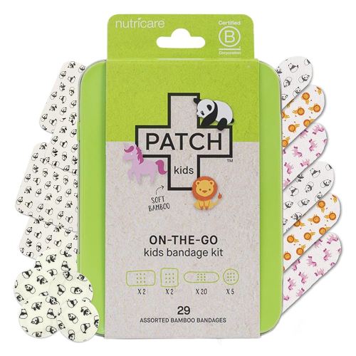 Patch Kids On-The-Go Natural Bamboo Adhesive Bandage Kit for Sensitive Skin, Eco-Friendly Hypoallergenic Bandages for Sensitive Skin. Non Toxic Bandages for Boys & Girls with Cute Prints, 29 ct Small