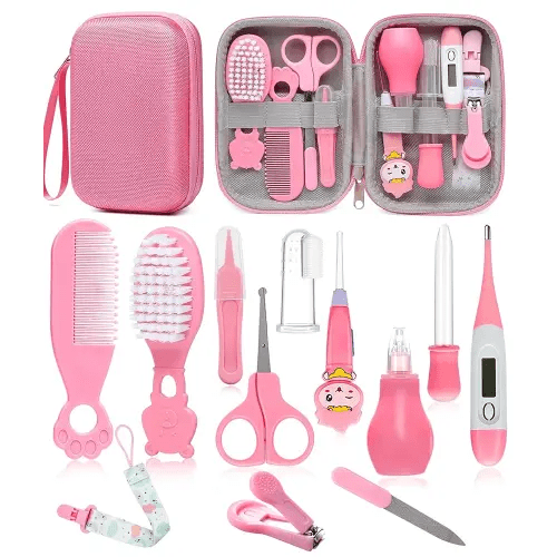 Baby Healthcare and Grooming Kit, Safety Newborn Nursery Baby Care Kit, with Hair Brush Comb, Nail Clipper, Thermometer, Pacifier Clip, Baby Registry Search, Newborn Essentials Girls Boys (Pink)