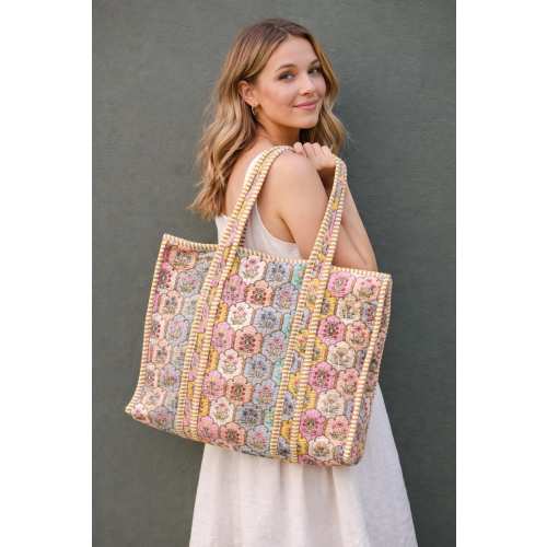 Pastel Floral Quilted Cotton Tote Bag | Handmade Block Print Shopper | Eco Friendly Everyday Tote Handmade Gift for Her