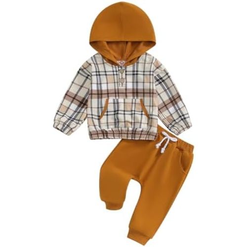 Douhoow Toddler Boy Fall Outfits Baby Plaid Hoodie Sweatshirt Tops Pocket Sweatpants Baby Boy Festival Clothes