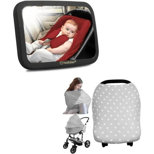 Keababies Large Shatterproof Baby Car Mirror and Baby Car Seat Cover - Safety Baby Car Seat Mirror for Rear Facing Infant - Car Seat Covers for Babies