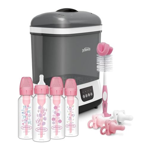 Dr. Brown’s Anti-Colic Options+ Baby Bottles 8 oz, Level 1 Nipple, 4 Pack, Pink Floral, 0m+ with Sterilizer, Bottle Brush, and HappyPaci Pacifier 0-6m, Pink Gift Set