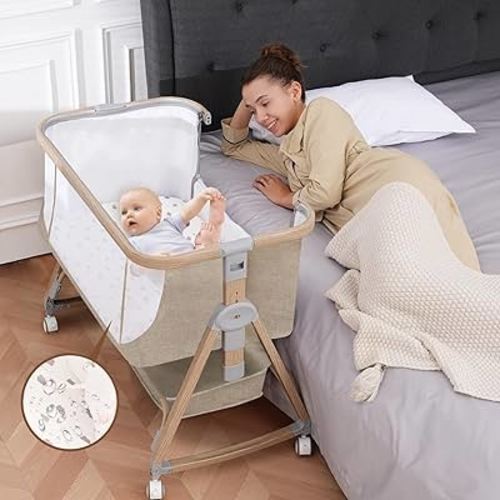 Baby Bassinet, Basinet Bedside Sleeper with Waterproof Bassinet Sheets and Soft Mattress, Safe Adjustable Height Bedside Bassinets with Wheels, Girl/Boy Bassinets, Jestonten (Khaki)