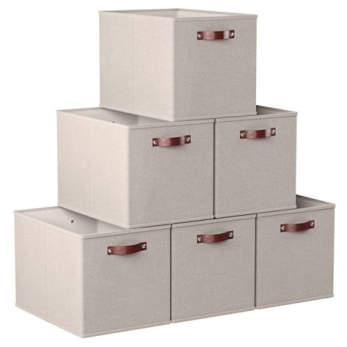 Ornavo Home 6 Pack Linen Fabric Kallax Storage Cube Bin with Faux Leather Handles - 13" 15" x 13" - Beige