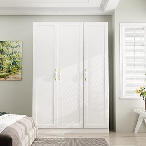 AIEGLE 3 Doors Wardrobe Armoire Closet, Large Freestanding Armoire Wardrobe Cabinet with Shelves & Hanging Rod, Bedroom Wood Clothes Storage Cabinet Organizer, White 47.2" Wide Type A