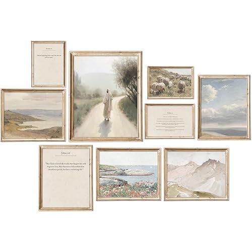 AnyDesign Christian Gallery Wall Art Prints Set Vintage Oil Painting Holy Quotes Posters Paper Wall Arts for Living Room Bedroom Decor, 9 Sheet, Multiple Conventional Sizes, Unframed