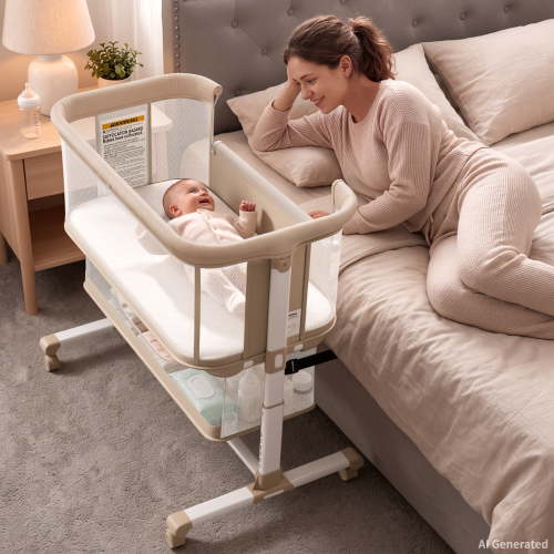 LINLUX Baby Bassinet, 6-Height Adjustable Newborn Bedside Bassinet with Wheels, All-Sided Mesh,Beige