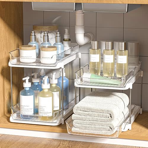 Delamu 2 Pack 2-Tier Multi-Purpose Bathroom Under Sink Organizers and Storage, Stackable Kitchen Pantry Organization, Pull Out Medicine Cabinet Organizer with 8 Movable Dividers, White