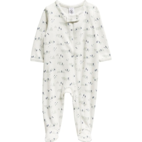 Baby Print Zip Cotton Footie, 3M, Ivory Egret- Green Mountains