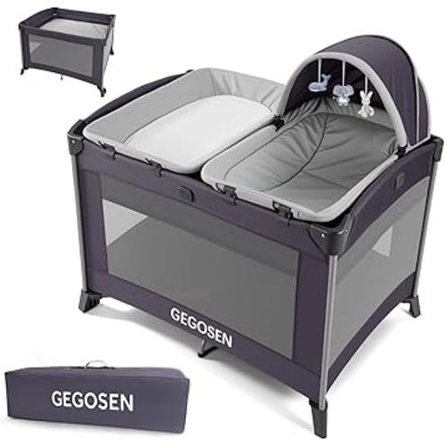 Portable Baby Playard 4 in 1 Design, Foldable Baby Playpen with Removable Bassinet, Canopy and Changing Table, Infant Playrad, Nursery Center Travel Crib (Toys Not Included)