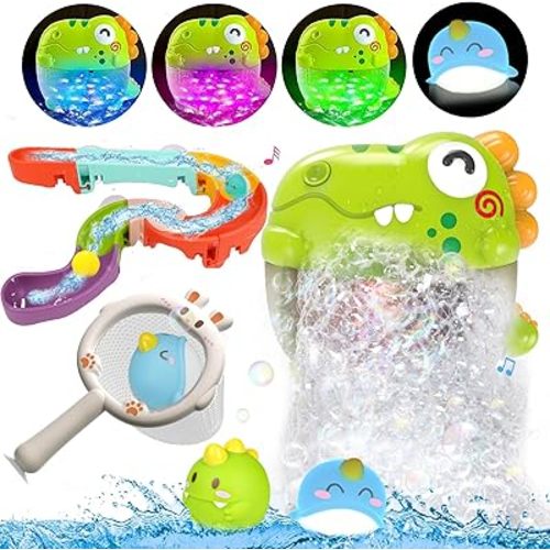 Toddler Bubble Bath Toys, Light Up Bath Bubble Machine for Kids Age 1-3 3-5 Baby Bathtub Tub Toy Slide Track Dinosaur Bubbles Maker with Music Floating Animal Shower Water Toys Summer Gifts Boy Girl
