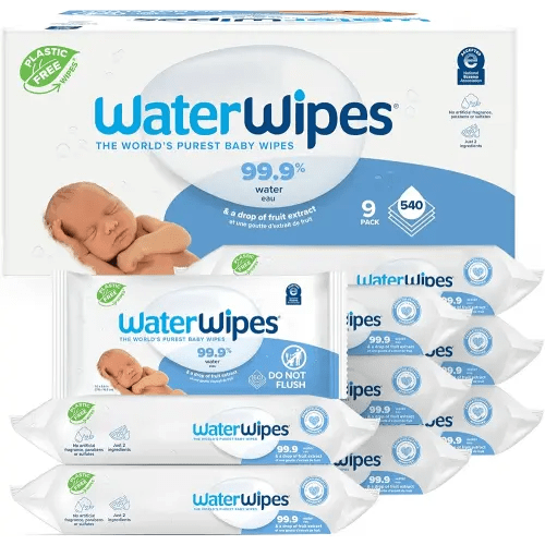 WaterWipes Plastic-Free Original-baby Wipes, 99.9% Water Based Wipes, Unscented & Hypoallergenic for Sensitive Skin, 60 Count (Pack of 9) Total 540 wipes, Packaging May Vary