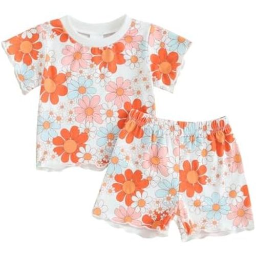 fhutpw Toddler Baby Girls Summer Outfits Daisy Ruffle Short Sleeve T-Shirts Tops Floral Shorts 2Pcs Clothes Set 6M-4T