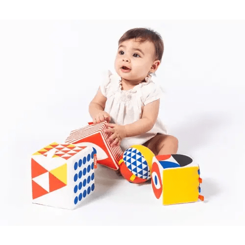 Follies The Baby Bauhaus Set Baby Infant Soft Blocks with Rattle Ball 0 to 18 Months | Girl Boy Learning Developmental Toy (Pack of 4)