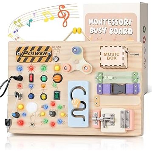 Sanlebi Wooden Busy Board Montessori Toys for Toddlers with Buttom Switch, Music Box & Locks, Sensory Activity Board Learning Toy Gifts
