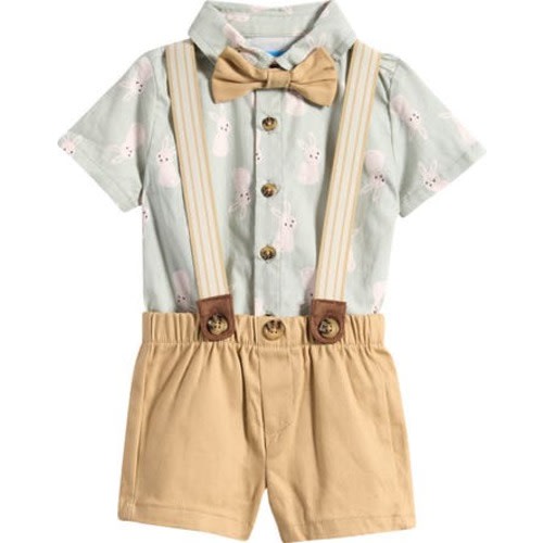 Short Sleeve Button-Up Shirt, Suspender Shorts & Bow Tie Set, 6-9M