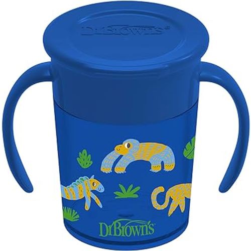 Dr. Brown’s Milestones Cheers 360 Cup Spoutless Transition Cup with Handles for Easy Grip and Leak-Free Learning, Blue Safari, 7 oz/200 mL