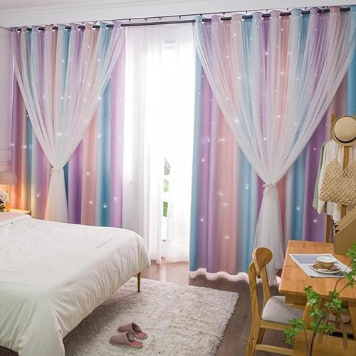 Yancorp Curtains for Girls Bedroom Kids Room Curtain Colorful Window Nursery Curtain 63 inches Length Room Darkening Grommet 2 Layers (Pink Purple, W52 X L63) - Pink Purple Green - W52" X L63"