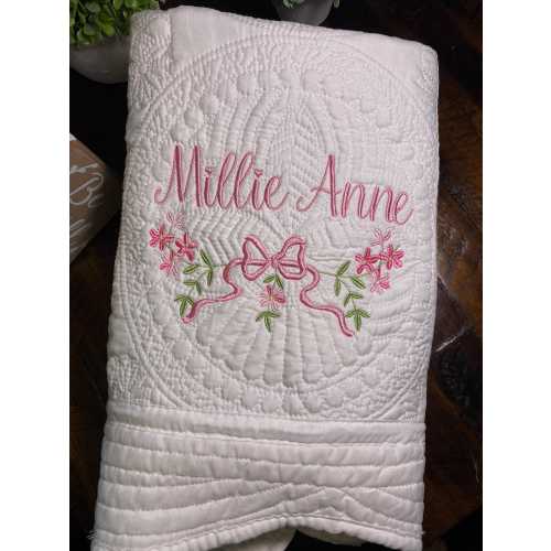 Custom Embroidered Personalized Heirloom Quilt, Delicate Flower & Bow Name Blanket, Baby Shower Girl, Newborn New Baby Gift, Nursery Bedding
