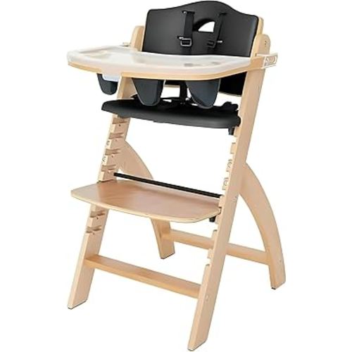 Abiie Beyond Junior Wooden High Chair with Tray - Adjustable and Convertible High Chair for Babies and Toddlers - 6 Months to 250 Lb - Water Resistant - Natural Wood/Black Pearl Cushion
