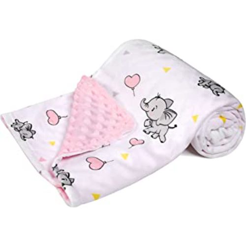 DaysU Silky Micro Soft Plush Baby Blankets for Girls with Print Animal Pattern and Soothing Raised Dots, Double Layer Bed Throws for Baby Crib, Elephant, Pink, 30x40 Inches